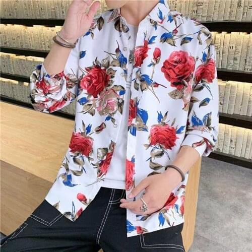 Flower shirt mens long-sleeved spring and autumn Korean version of the trend of large size thin jacket casual Japanese top