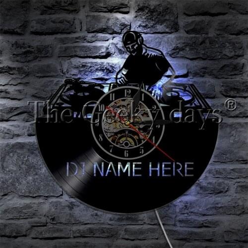 DJ Name Here Vinyl Record Wall Clock Customize Name Club Party Music LED Night Light Table Lamp Rock N Roll For DJ Gift