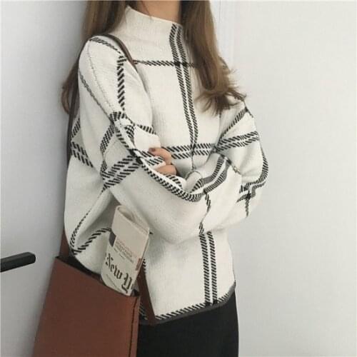 2019 Ins Winter New Womens Pullovers Sweater Fashion Plaid Turtleneck Loose Knit Full Sleeve Korean Casual Tops