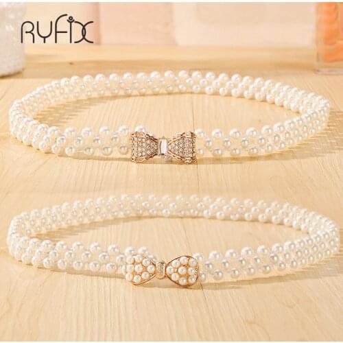 2021 New Fashion Small Gold Buckle Inlaying Imitation Pearl Elastic Belts For Women dress bowknot decoration Female Strap BL243