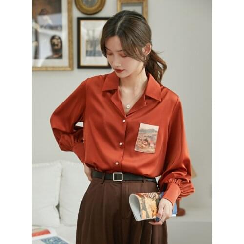 Autumn Orange Oil Painting Shirt 2021 New Women Vintage Suit Collar Lantern Sleeve Loose Casual Top Fashion Clothes