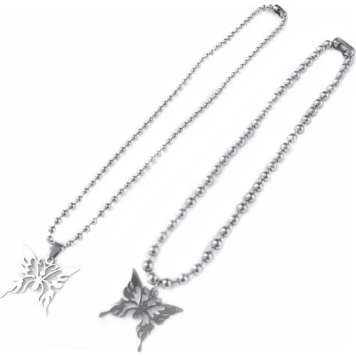 Punk Rock Sweet Butterfly Stainless Steel Pendant Necklace Streetwear Ball Chain Polishing Chain Fashion Necklace Unisex