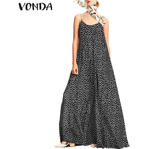 Sleeveless Strap Dress Party Sexy Maxi Dresses 2021 VONDA Fashion Polka Dot Print Holiday Slip Dress Female Vestidos Plus Size
