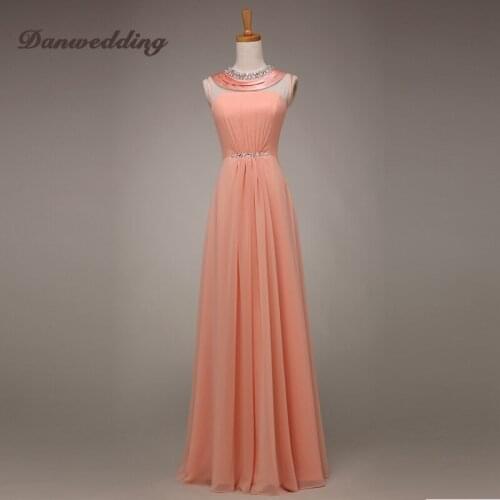 Simple Chiffon Evening Dress A-Line Scalloped-Neck Hand Made Diamond Prom Dress Floor Length Party Evening Gowns Real Photo