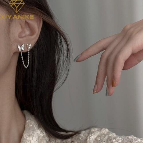 XIYANIKE 925 Sterling Silver Double Butterfly Zircon Stud Earrings Female Fashion Retro Temperament Creative Romantic Jewelry