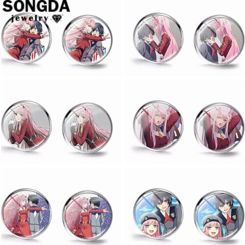 SONGDA 2020 Cute 02 HIRO ZERO TWO Earrings for Women Girls Cosplay Anime DARLING in the FRANXX Crystal Glass Dome Stud Earrings
