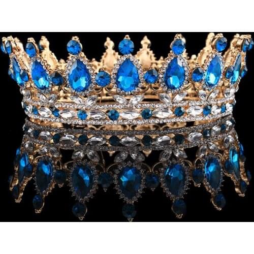 Bridal Hair Accessories Tiara Sea Blue Color Crystal Crown Vintage Headband Jewelry Rhinestone Crystal Wedding Crowns Headpieces