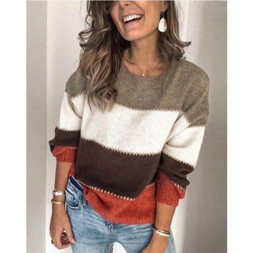 Women Sweater Jumper Elegant Knitted Striped Long Sleeve O-neck Pullover Tops Streetwear 2020 Autumn New Arrivals