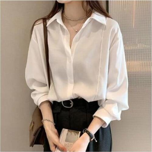 Womens shirt white plain color loose oversized blouse womens blouse loose Korean pockets