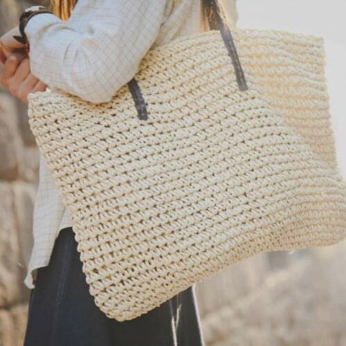 New Casual Women Handbag Summer Beach Vintage Handmade Knitted Straw Rattan Bag Large Shoulder Bags Boho Woven Handbag