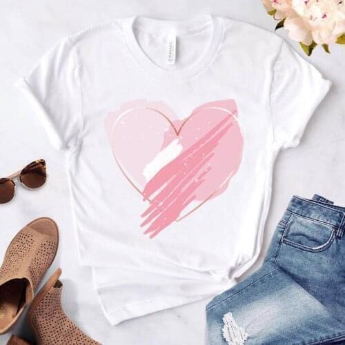 Female T-shirts 2021 Heart Flower Print Women T shirt Casual Basis O-collar White Short Sleeve Love Graphic t shirts Plus Size