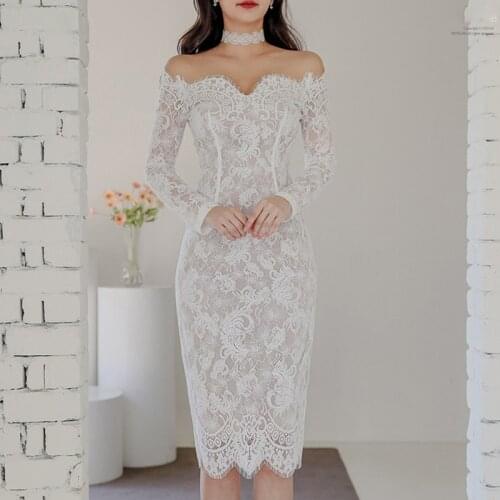 2021 Spring Sexy Off shoulder Lace Patchwork Dress Women Slash neck Ruffles Female Pencil Dress Elegant Party Sheath Vestidos