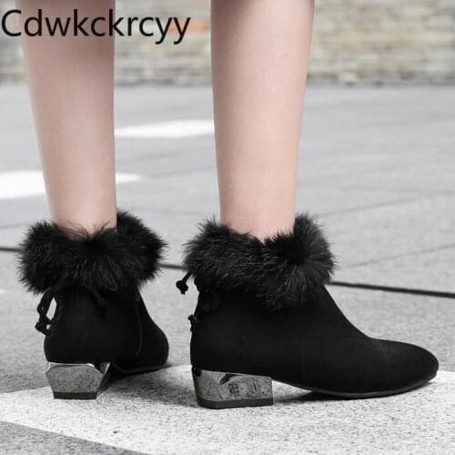 Winter The New Rabbit hair fashion Pointed Suede Thick with 6CM Martin boots Bow Plus velvet Keep warm High heel Women boots