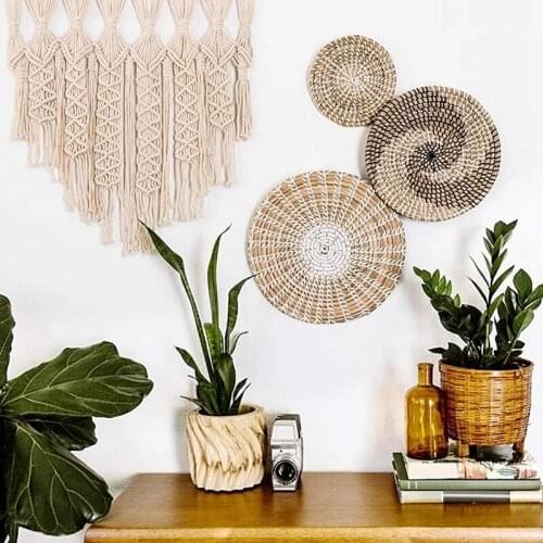 3pcs/set Boho Straw Woven Wall Hanging Home Decor Round Ornaments Nordic Wall Art Decoration Aesthetic Plate Rattan Handicraft