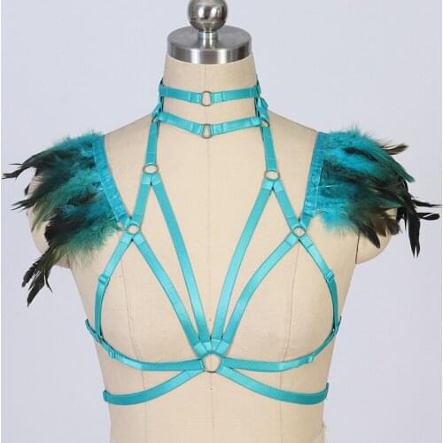 Blue Feather Body Harness Bra Goth Top Bondage Hollow Sexy Lingerie Pastel Goth Rave Pole Dance Angel Wing Cage Bra