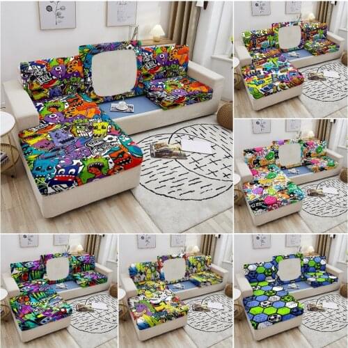 Hippie Stretch Couch Cushion Cover Graffiti Cushion Slipcover for Chair Loveseat Sofa Cushion Furniture Protector Sofa SeatCover
