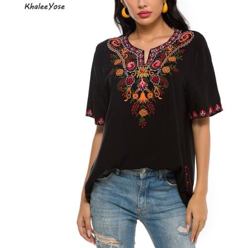 KHALEE YOSE Black Floral Embroidery Blouses Shirt Plus Size Cotton Boho Hippie Mexican Shirt Short Sleeve 23xl Ethnic Chic Shirt