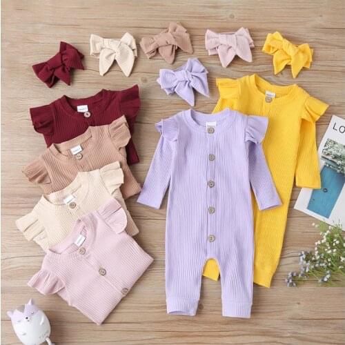 Spring Autumn Girls Fashion Ruffle Shoulder Cotton Striped Long-Sleeve Jumpsuit+Headband 2-Piece Sets Newborn Infant Baby Romper