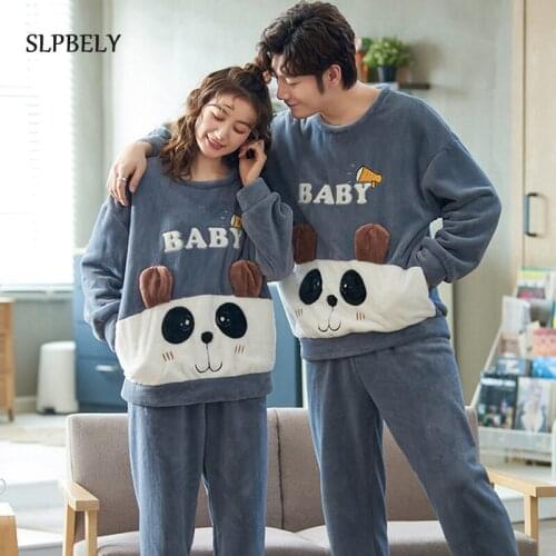 SLPBELY Flannel Couple Pajamas Set Homesuit Winter Cartoon Bear Long Sleeve Men And Women Nightwear Thicken Hoode Lovers Pyjamas