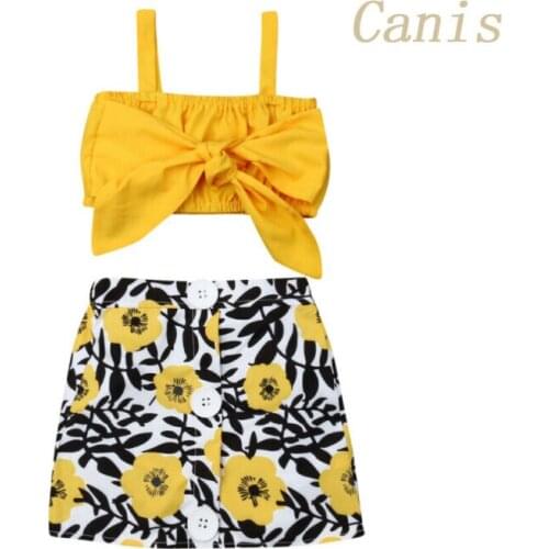 2PCS Kids Baby Girl Outfit Summer Sleeveless Bowknot Vest Tops Floral Button Skirt Clothes Set