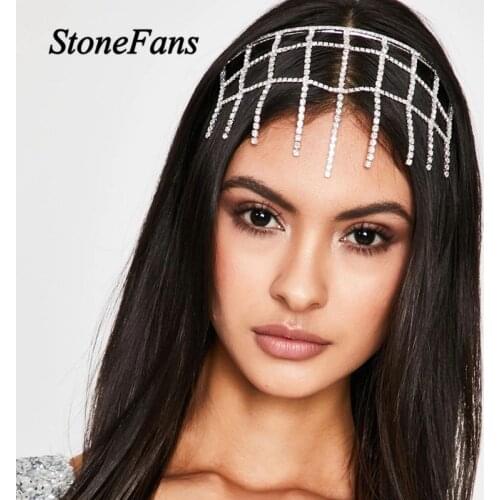 Stonefans Boho Trendy Rhinestone Mesh Headband Womens Hair Accessories Forehead Chain Headpiece Tassel Crystal Jewelry