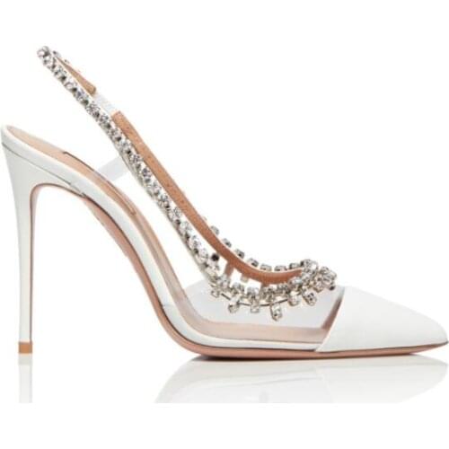 Moraima Snc Summer Cleavr PVC Patchwork High Heel Shoes Sexy Pointed Toe Crystal Embellished Thin Heels Party Wedding Shoe White