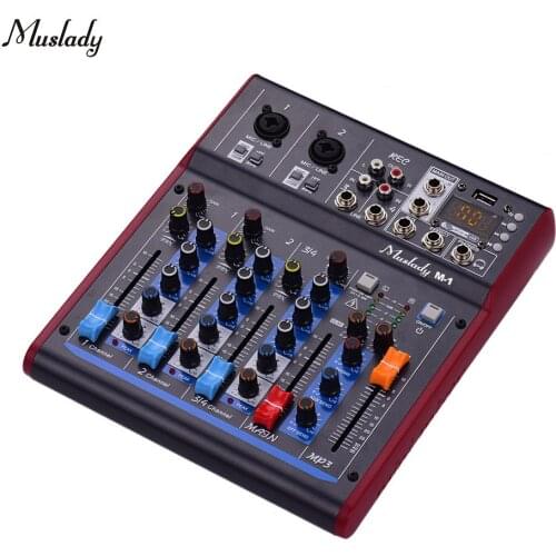 Muslady M-1 Professional 4 Channel Digital Mixer Mixing Console Built-in 48V Phantom Power with Reverberation Effect BT Function