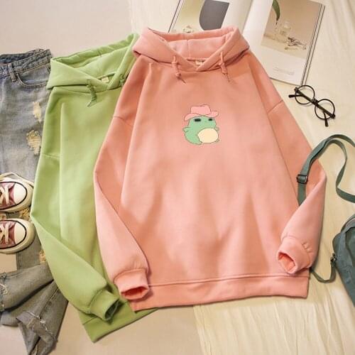 Autumn Winter Plus Size Loose Kawaii Frog Printed Warm Hoodies Funny Harajuku Long Sleeve Hip Hop Women Korean Hoodie Sweatshirt