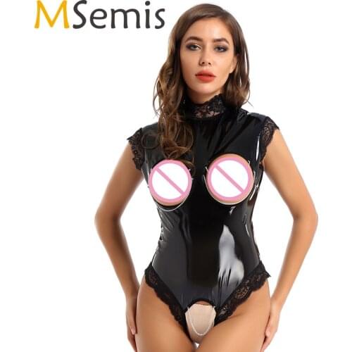 Womens Sexy Open Cup Patent Leather Lingerie Bodysuits High Neck Open Breast Crotchless Lace Trimmed Leotard Bodysuit Nightwear