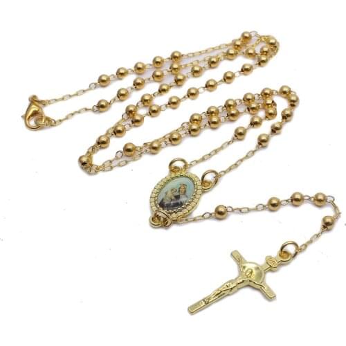 QIGO Small Copper Beads Gold Cross Rosary Necklace Long Religious Jewelry
