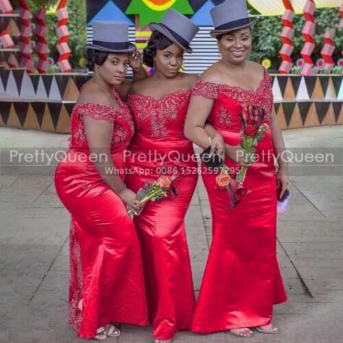 Luxury Appliques Beads Long Bridesmaid Dresses 2021 Red Satin Mermaid Boat Neck Women Wedding Party Dress Formal