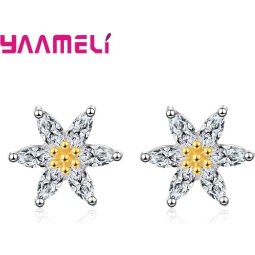Luxury Fashion Original 925 Sterling Silver Stud Earrings for Little Girl Student Women Gifts Flower CZ Crystal Handmade