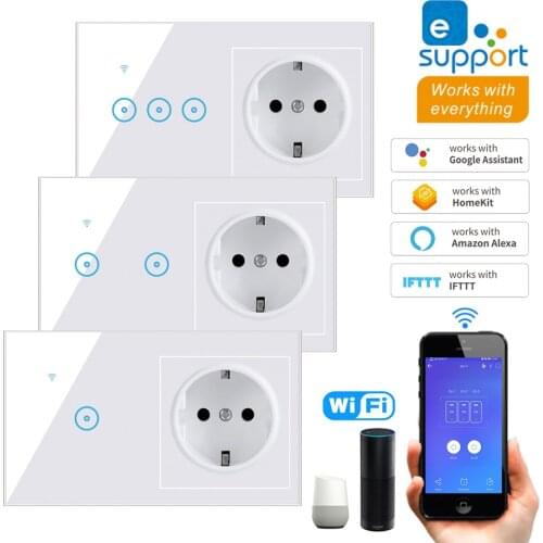 1/2/3 Gang EU Standard WiFi Touch Switch Glass Panel Smart Light Switch With Socket AC 90V-240V Voice APP Remote Control Timing