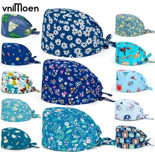 Floral animal Scrub Nurse Surgicals Cap Floral Bouffant Cap Fashion Skull Scrub Cap Adjustable Bandage Turban Blue Surgicals Cap