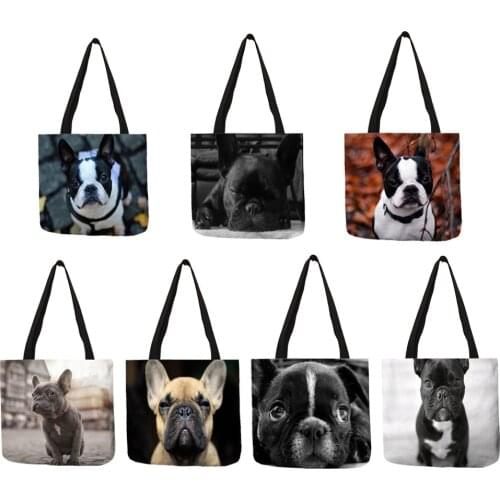 New Woman Shoulder Bag Cute Bulldog Image Prints Hand Bags Eco Linen Practical Large Capacity Tote Bag for Ladies Girls