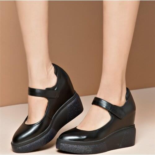 2021 Platform Pumps Shoes Women Genuine Leather Wedges High Heel Mary Janes Female Loop Round Toe Fashion Sneakers Casual Shoes