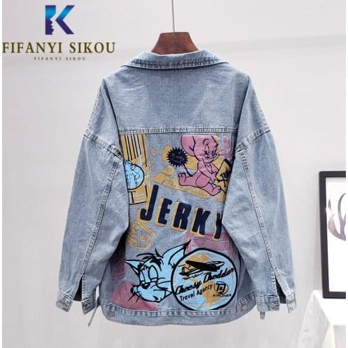 2020 New Spring Women Cartoon Print Denim Jacket Fashion Pocket Long sleeve Jeans Jacket Female High quality Loose Jeans Coat