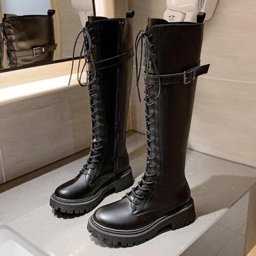 2021New Hot Womens Combat Boots Black Leather Boots Lace-up Womens Knee-length High Boots Antumn Womens High Heel Gothic Shoe