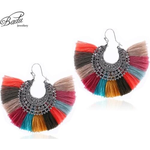 Badu Big Vintage Hoop Earring for Women Colorful Cotton Tassel Antique Alloy Earrings Dangle Ear Accessories Wholesale