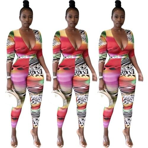 Echoine Leopard Printed Multi-Color Printed Jumpsuit Women Sexy Bodycon Rompers Jogger Tracksuit Sports Casual Clothes Overalls