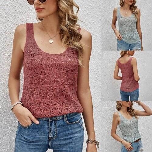 Womens O-Neck Shoulder Strap Camisole Solid Color Slim Hollow Knit Small Sling