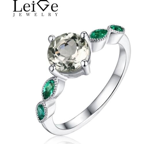 Leige Jewelry Natural Green Amethyst Ring Round Cut with Emerald Side Stones Silver 925 Promise Rings for Women Christmas Gift