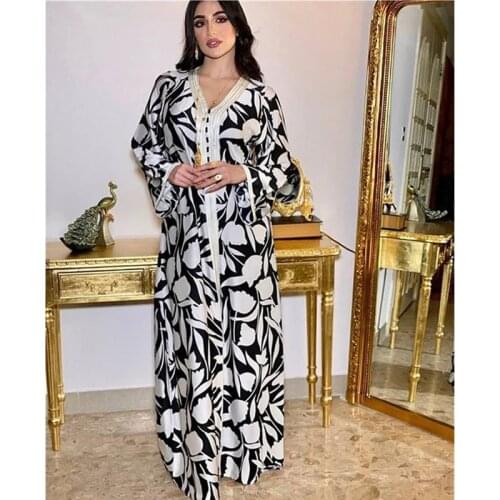 Maxi Dress For Women Turkey Arabic Print V Neck Long Sleeve Jalabiya Muslim Islamic Ethnic Abaya Clothes 2021 New