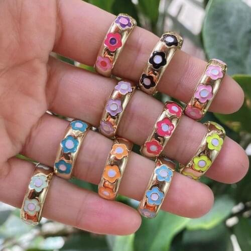 10Pcs Summer simple design gold plated ring, New arrival fashion enamel flower ring jewelry