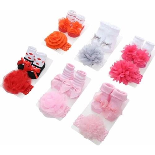 2020 Baby Stuff Newborn Solid Color Lace Baby Socks Bow Princess Cute Baby Bowknot Socks+ Hair Band set Photo Props Baby Shower