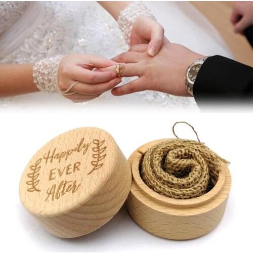 40%HOT Wood Round Carved Proposal Wedding Ring Holder Display Box Jewelry Storage Case