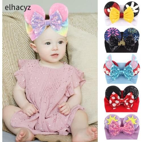 5'' Sequins Hair Bows Chic Mouse Ears Turban Headband For Girls Kids Glitter Summer Hairband Fashion Headwrap Hair Accessories