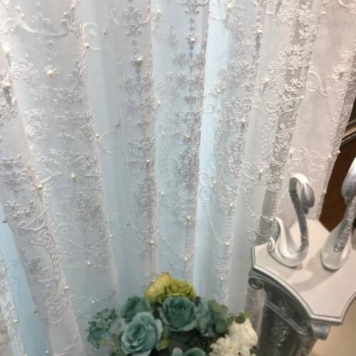 White Lace Pearl Embroidery Tulle Curtain for Living room Fashion Nordic Geometric Window Screen Finished Wedding Decor