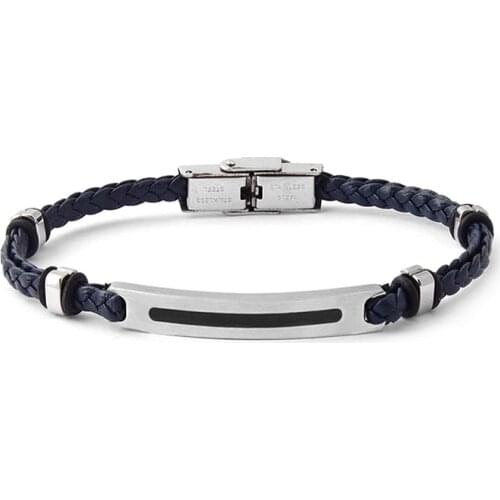 Runda Fashion Simple MenS Braided Leather Bracelet Blue With Stainless Steel Square Ins Handmade Net Red Jewelry