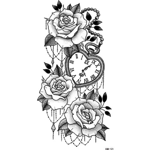 Clock And Rose Waterproof Temporary Tattoos Men Tattoo Body Art Flower Tatuajes Temporales Henna tattoo Sleeves Tatoo Sticker
